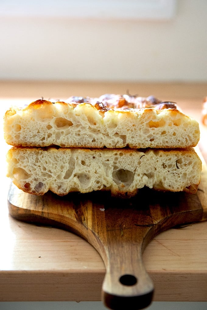 Halved sourdough focaccia.
