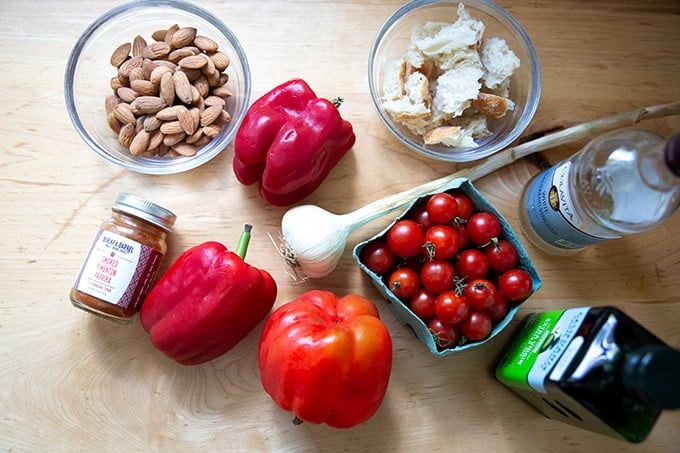 Ingredients to make romesco sauce on a counter top.