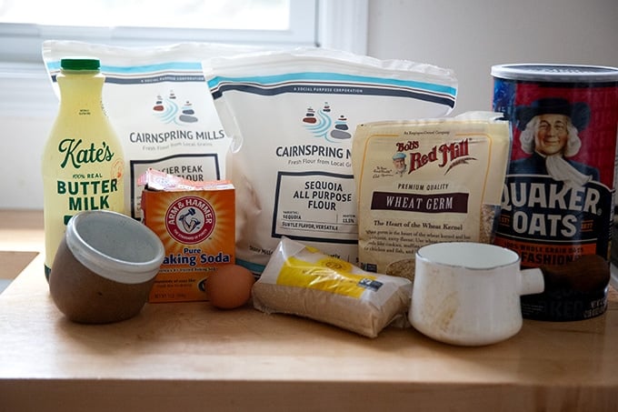 Ingredients for Irish brown bread on the countertop.
