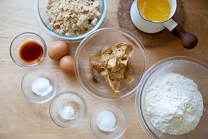 Ingredients to make peanut butter cookies on a countertop.