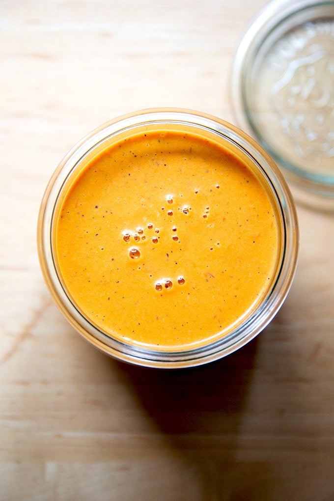 A jar of roasted red pepper dressing.