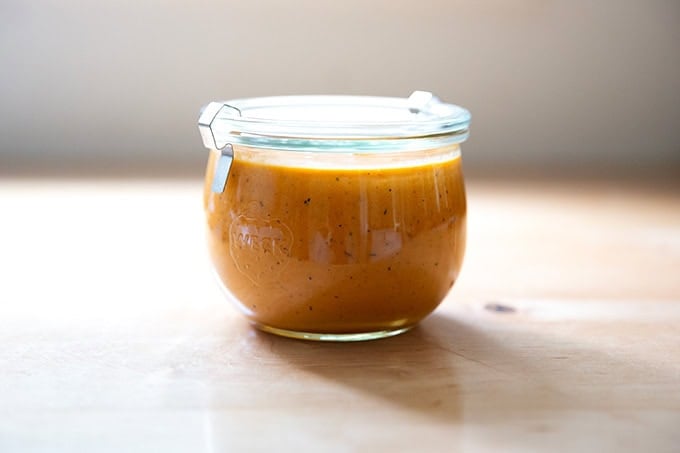A jar of roasted red pepper dressing.