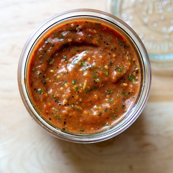 A jar of blistered tomato salsa.