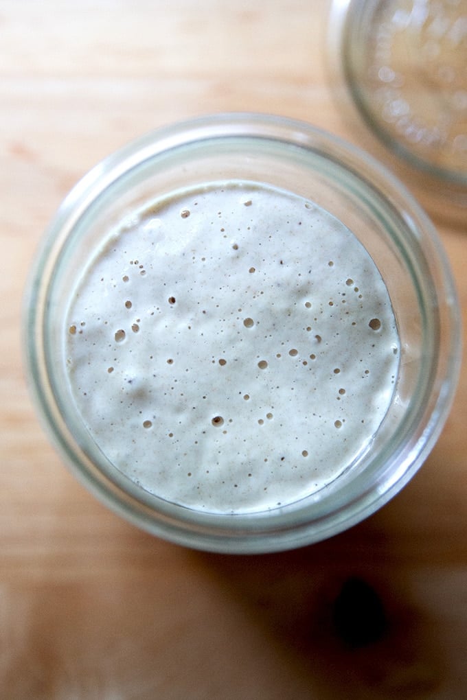 A Weck jar filled with sourdough starter.