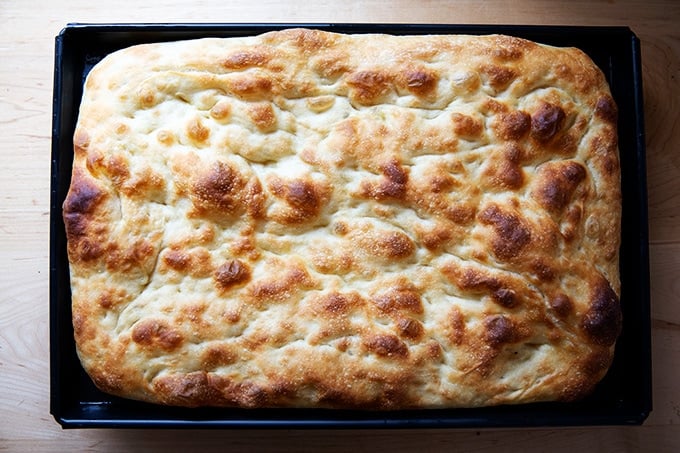 A parbaked Sicilian-style pizza crust.