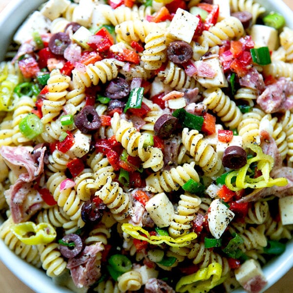 A bowl of deli-style pasta salad.
