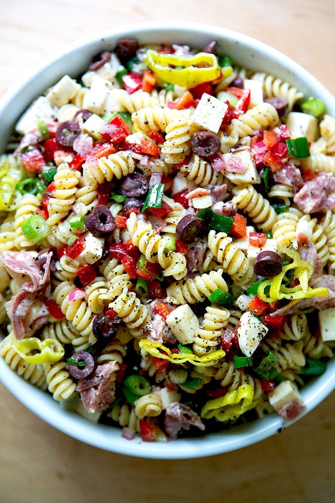 A bowl of deli-style pasta salad.