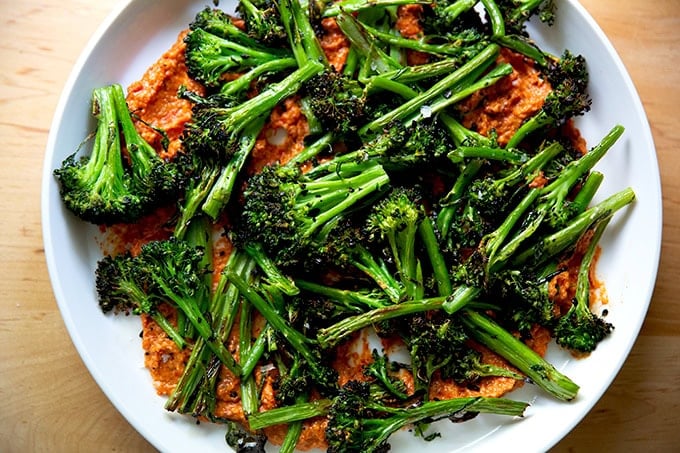 A platter spread with romesco and topped with charred broccolini.