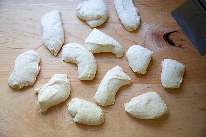 Portioned soft pretzel dough.