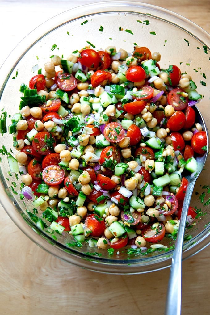 Lemony herby chickpea salad all tossed together.