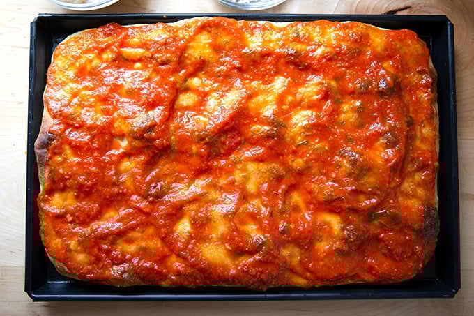 A sauced, parbaked slab of Sicilian-style pizza.