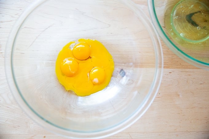 Eggs separated for Torta Caprese.