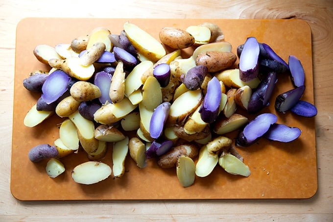 Sliced boiled fingerling potatoes.