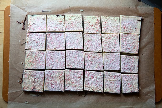 Cut squares of peppermint bark.
