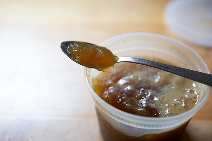Solidified, jellied turkey stock.