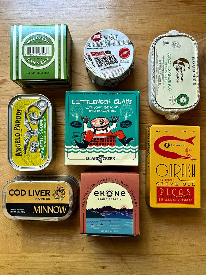 An assortment of tinned fish.