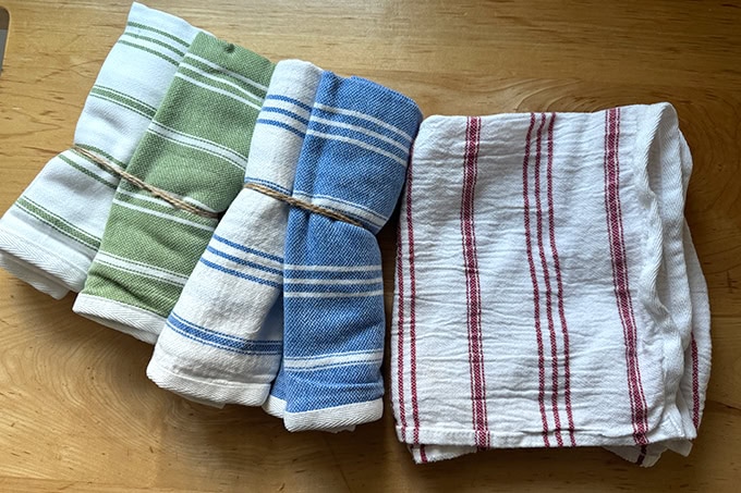 Dish towels on a countertop.