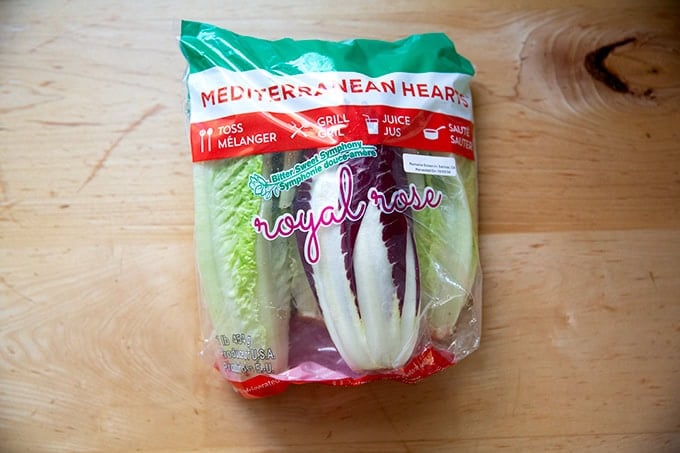 A bag of Romaine and Treviso.