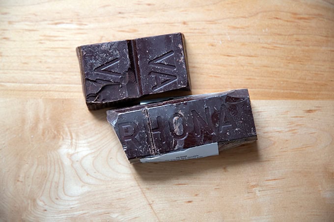 A bar of Valrhona chocolate on a countertop.