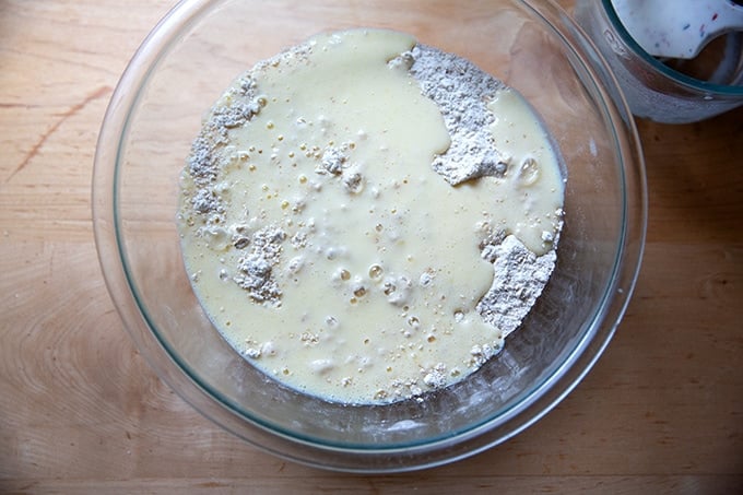 Adding the wet to the dry ingredients for Irish brown bread.