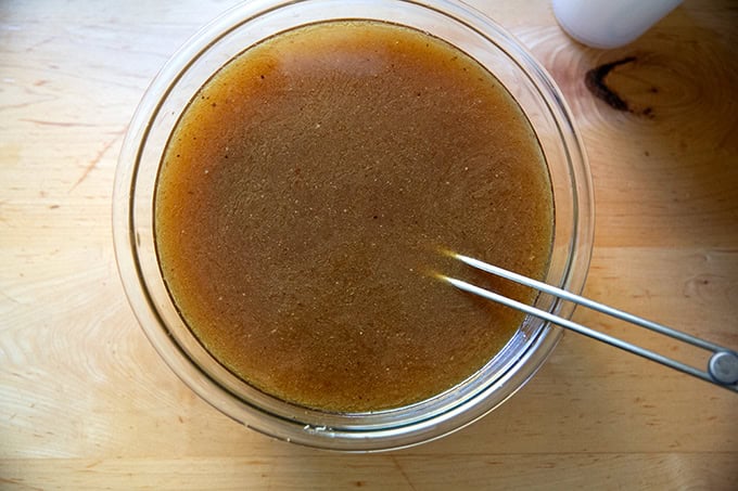 A bowl of turkey stock.