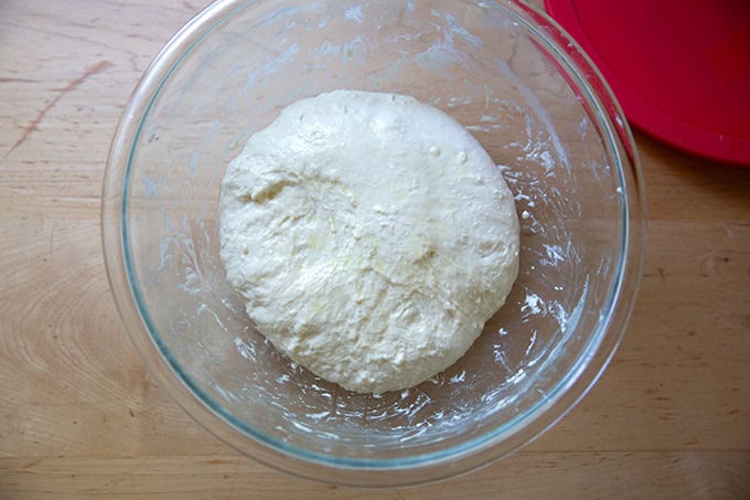 A bowl holding sourdough discard toasting bread dough after a set of stretches and folds.
