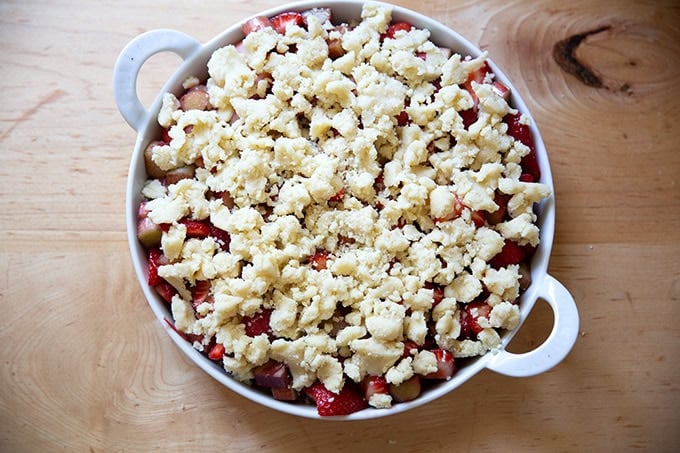 An unbaked strawberry-rhubarb crisp.