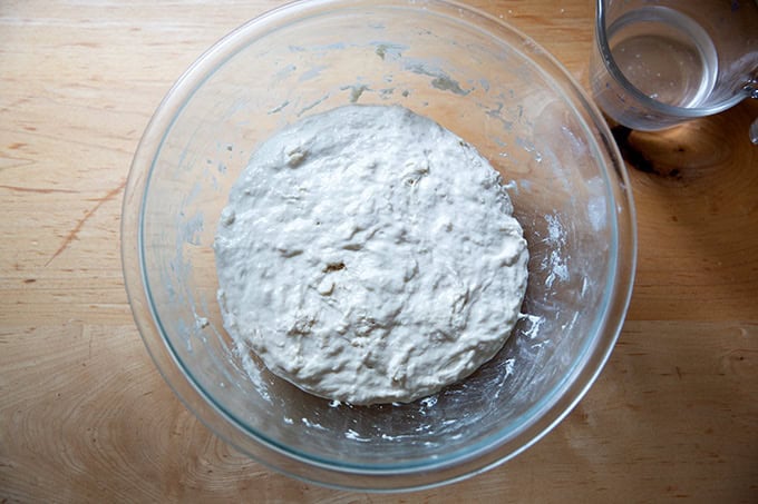 A bowl of sourdough dough 30 minutes after the first mix.