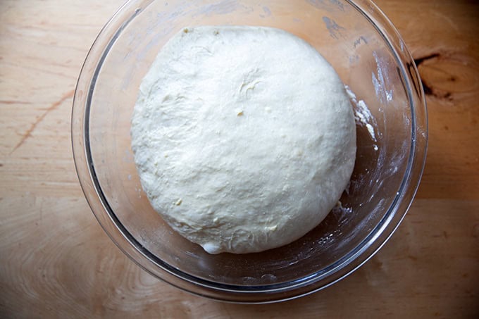 A bowl filled with brioche doubled in volume after a 2-hour rise.
