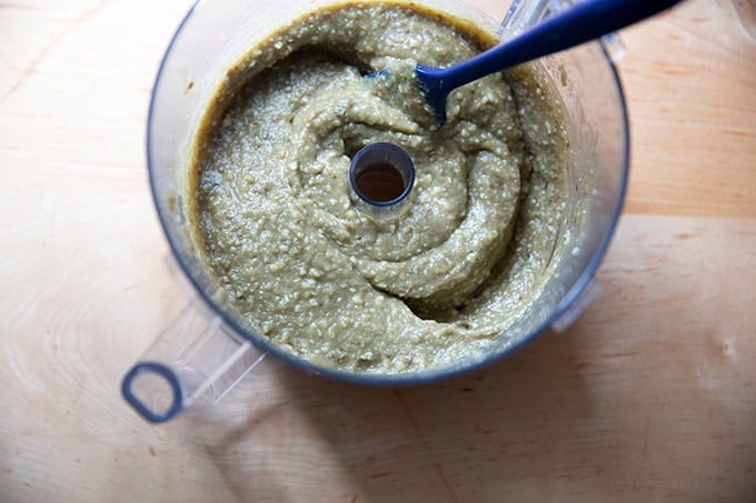 Eggplant purée in a food processor.
