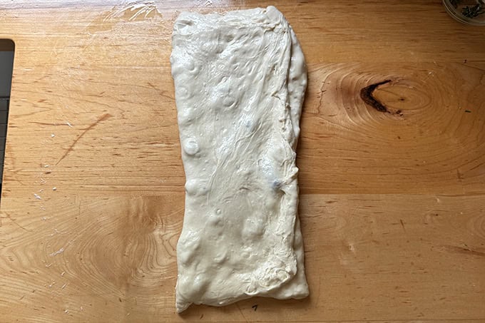 Rosemary-olive sourdough dough in the process of being folded on a countertop to incorporate the olives and rosemary.