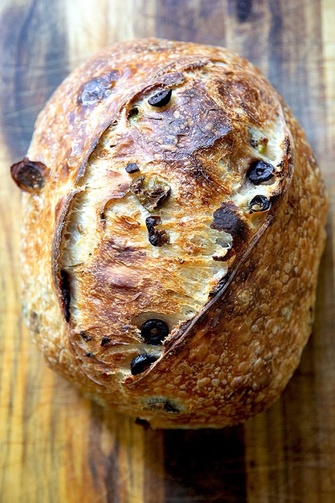 A freshly baked loaf of rosemary-olive sourdough bread on a wooden cutting board.