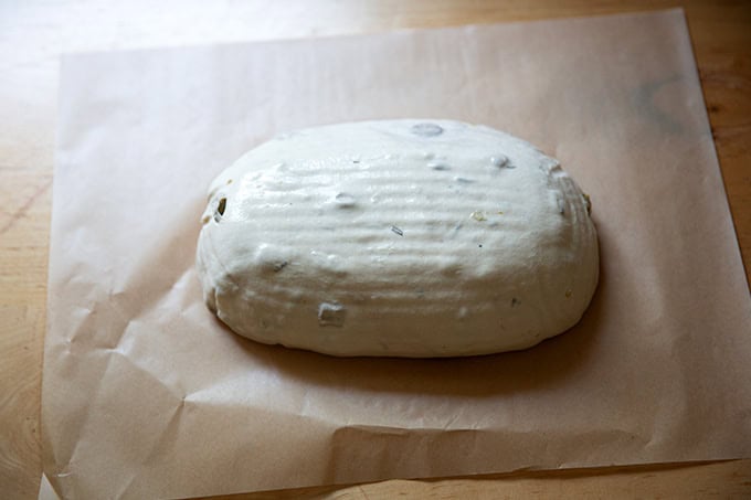 An unbaked loaf of rosemary-olive sourdough on a sheet of parchment paper, ready to be scored and baked.