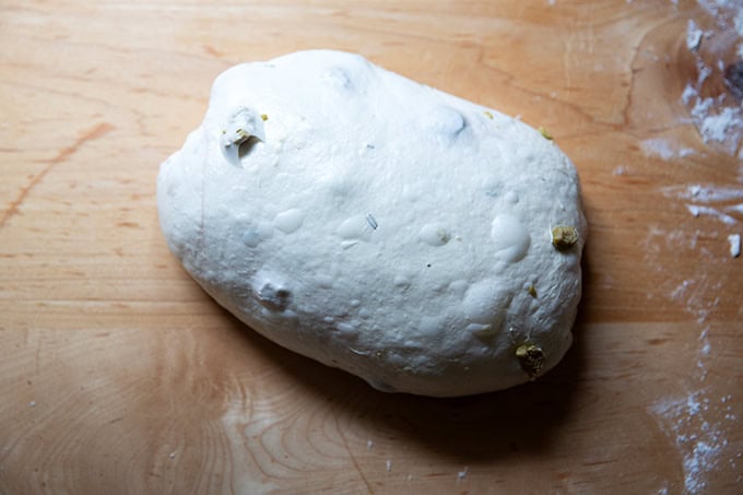 An unbaked loaf of rosemary-olive sourdough shaped into a batard.