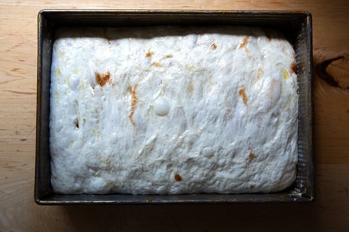 A 9x13-inch pan filled with cinnamon-sugar focaccia dough after the second proof.