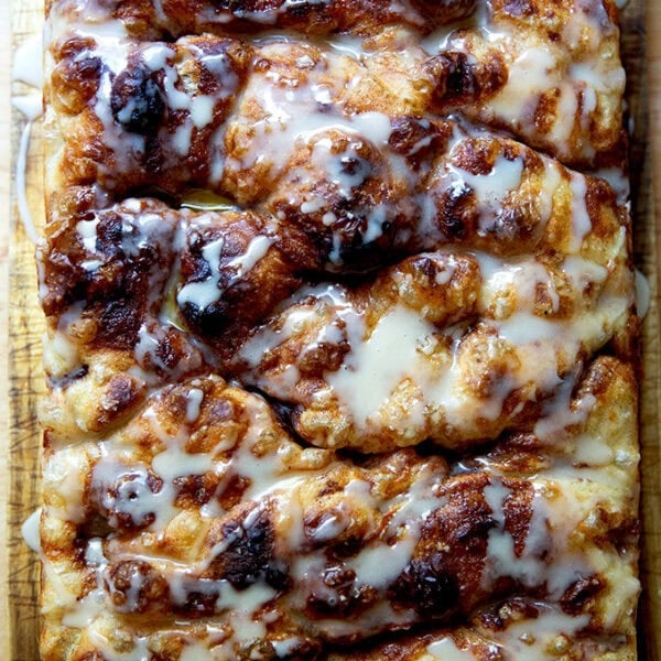 Cinnamon-sugar focaccia on a serving board.
