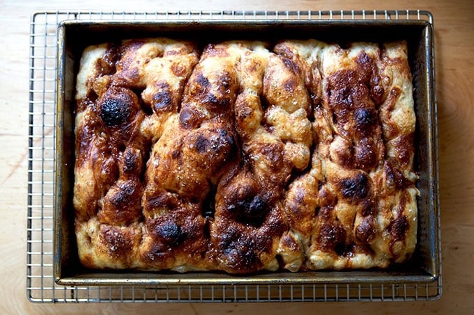 Just-baked cinnamon-sugar focaccia, just baked in a 9x13-inch pan on a cooling rack.