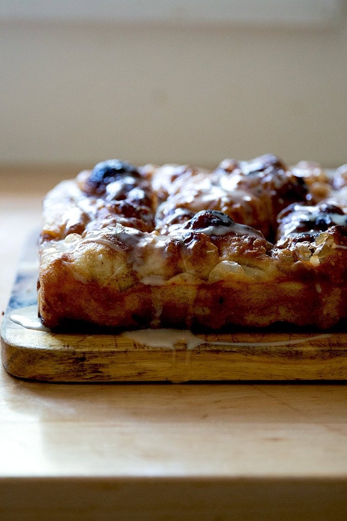Side view of a just-baked cinnamon-sugar focaccia.