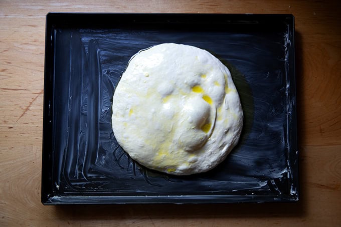 Grandma-style pizza dough turned out into a Lloyd grandma pan after 2 days in the fridge.