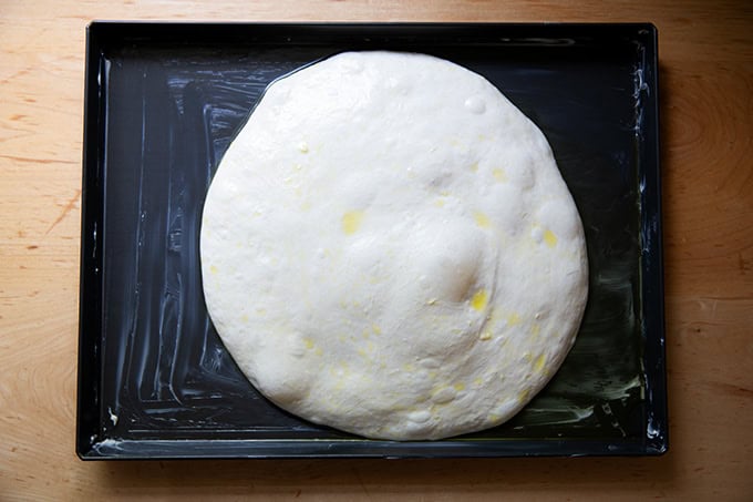 Grandma-style pizza dough proofed in a Lloyd grandma pan.
