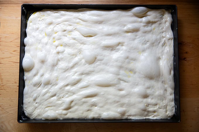 Grandma-style pizza dough stretched out in a Lloyd grandma pan.