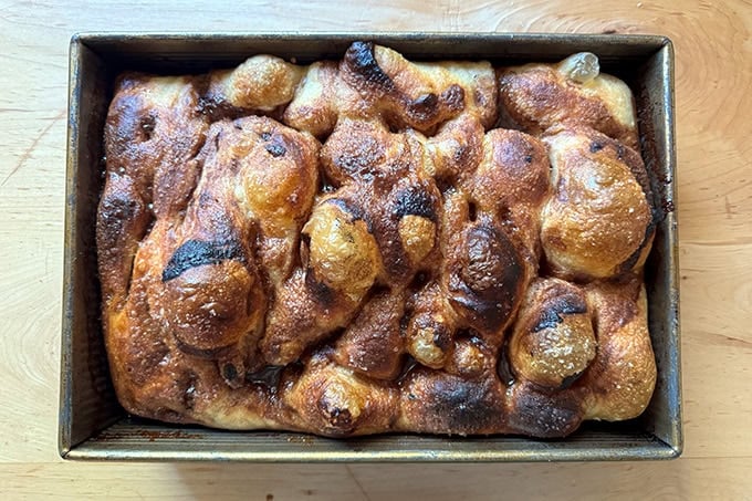 Just-baked cinnamon-sugar focaccia. 