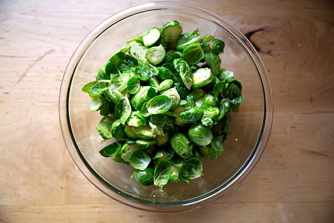 Halved Brussels sprouts tossed with olive oil and salt.