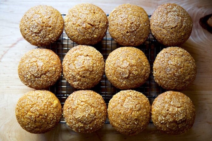 Just-baked pumpkin muffins on a cooling rack.
