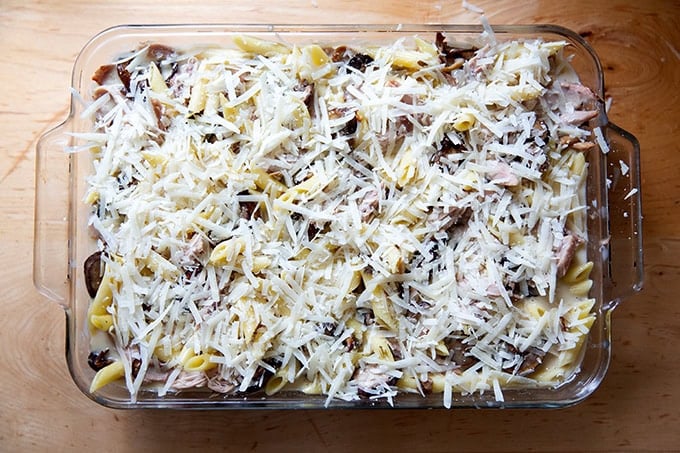 A pan of unbaked turkey tetrazzini ready for the oven.