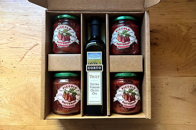 A box of Piccolo tomatoes and Corto extra-virgin olive oil.