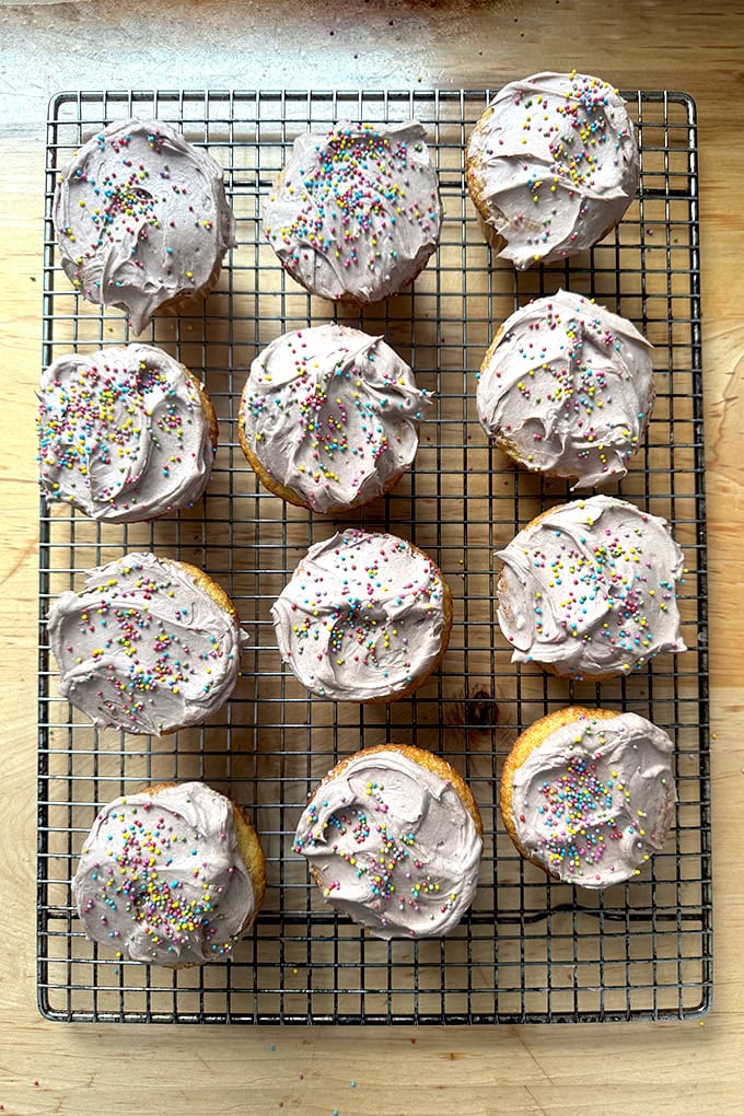 Vanilla cupcakes with chocolate whipped cream cheese frosting.