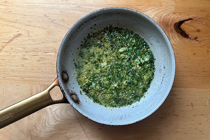 Herby, spicy, garlic butter in a small skillet.