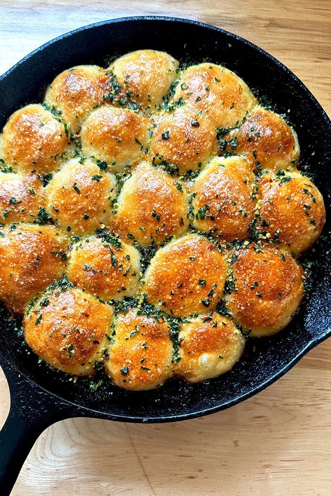 Just baked garlic-herb monkey bread in a cast iron skillet.