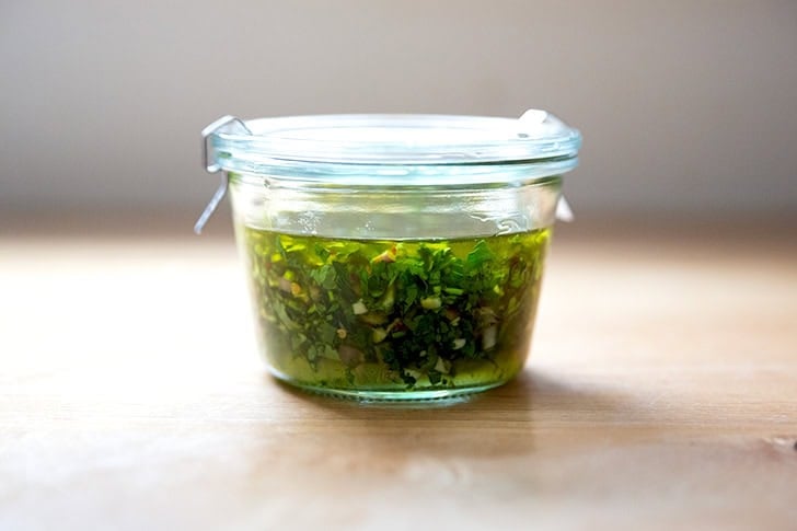 A jar of chimichurri.